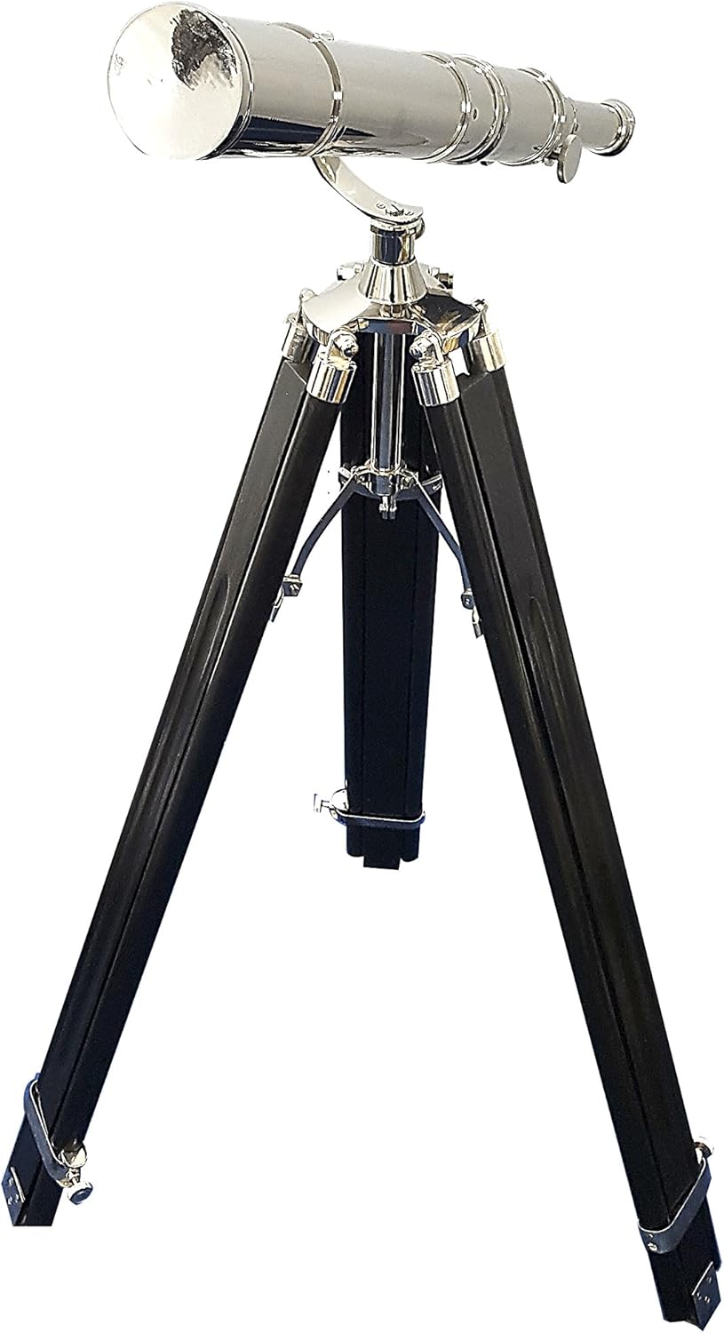 Vintage Nickel Finish Brass Telescope with Wooden Tripod