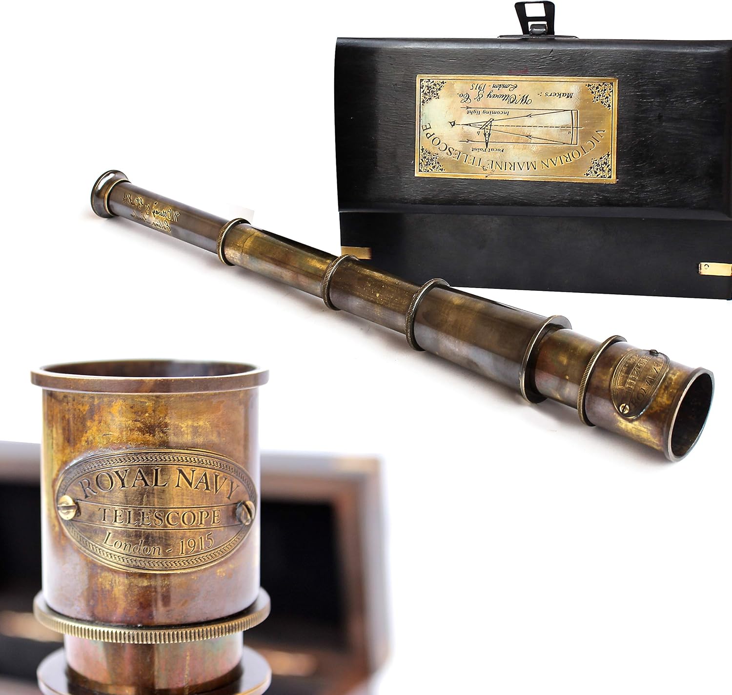 Antique Brass Handheld Telescope 17 - Vintage Pirate Spyglass with Decorative Wooden Box