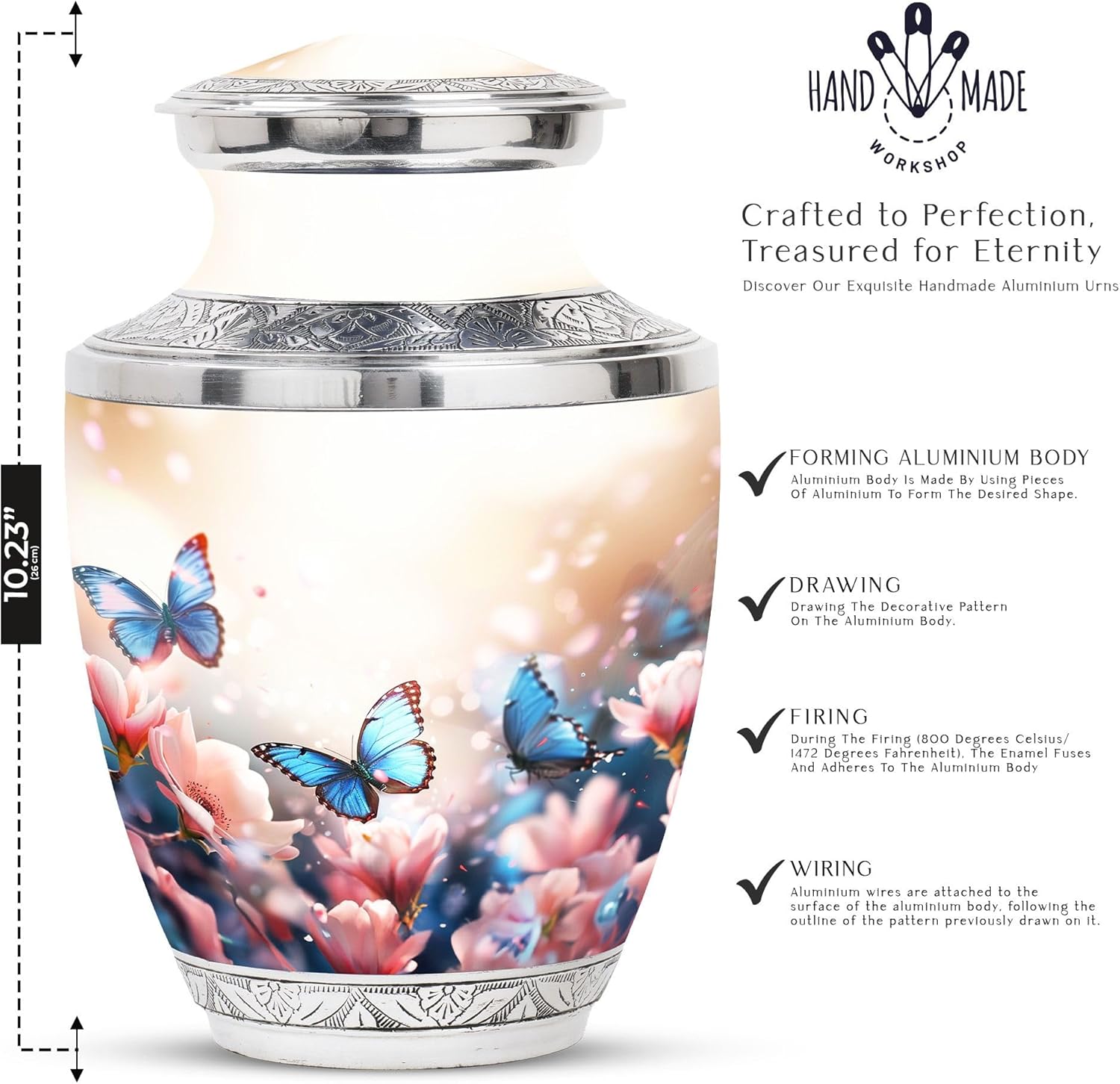 Butterflies in Blossoms Decorative Urns Set - 10 Inch Funeral Urn with 2 Mini Keepsake Urns