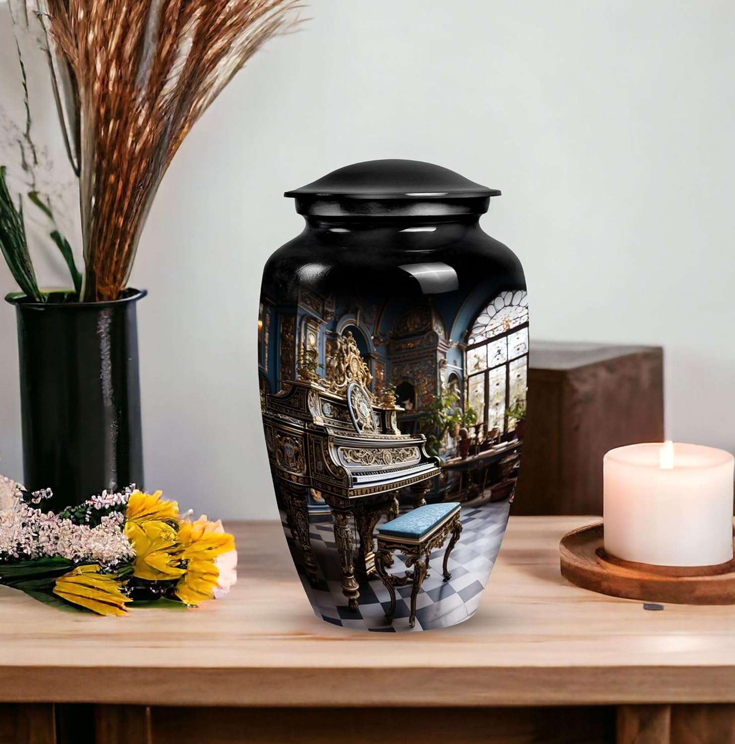 Piano Beautiful Look Cremation Urn 10 Inch Black Decorative Urn for Dad and Mom