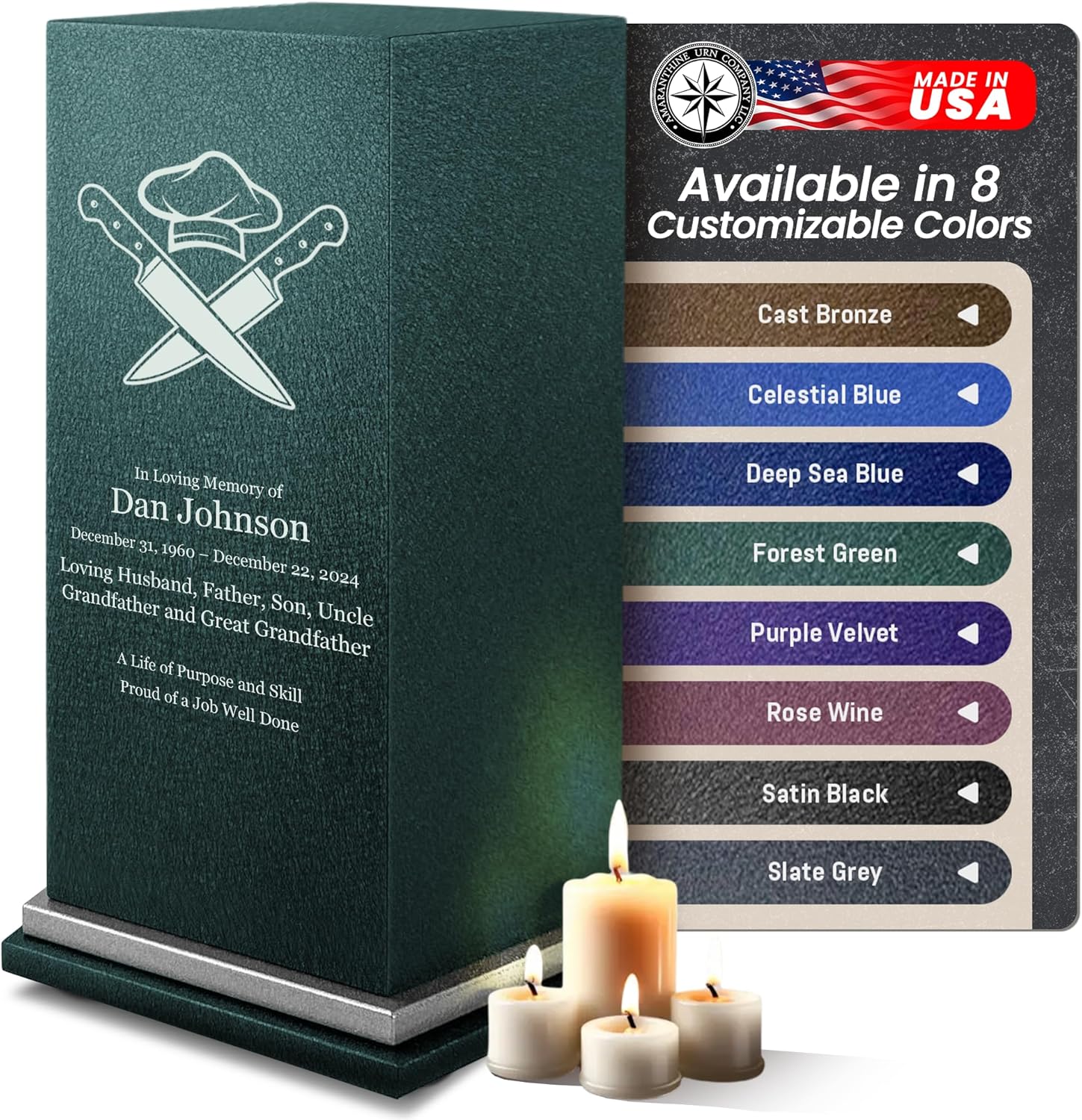 Customizable Cremation Urn with Chef Design - Metal Urn for Human Ashes Made in USA