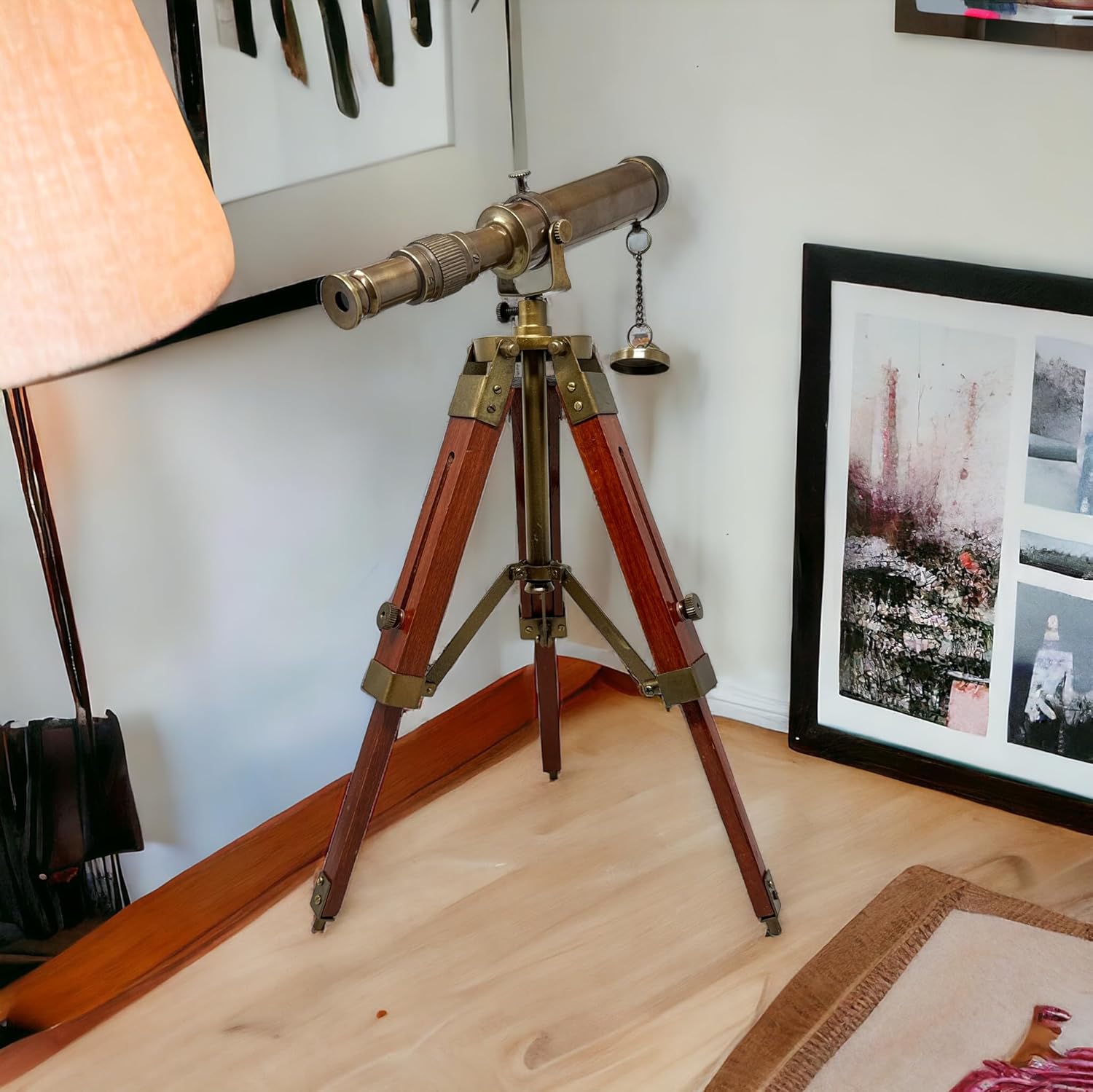 Handmade Brass Telescope with Wooden Tripod Legs Vintage Home Decor