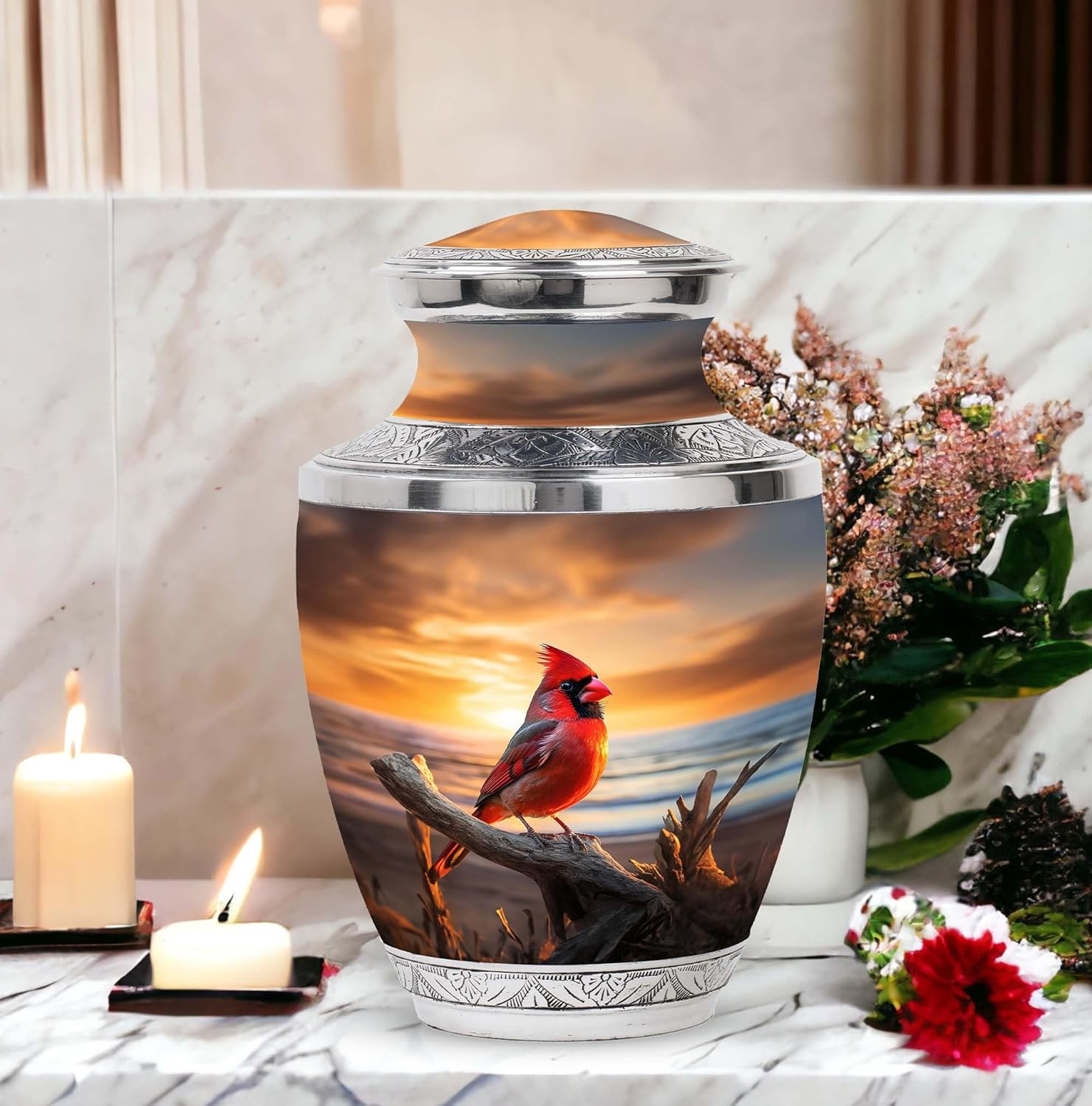 Cardinal Bird Decorative Urn - 10 Inch Large Memorial Ashes Holder