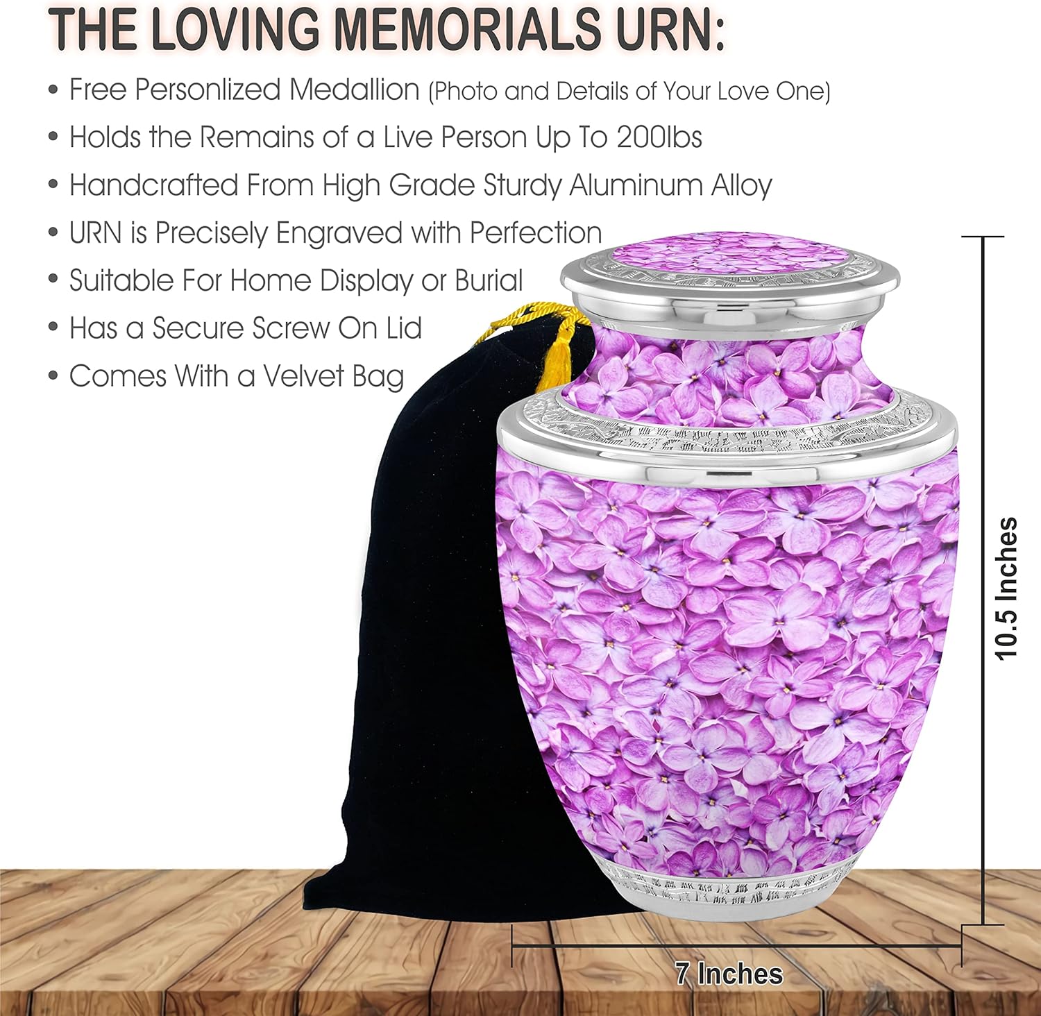 Personalized Medallion Liliac Cremation Urn for Adult Ashes - 200lbs Burial Urn with Velvet Bag