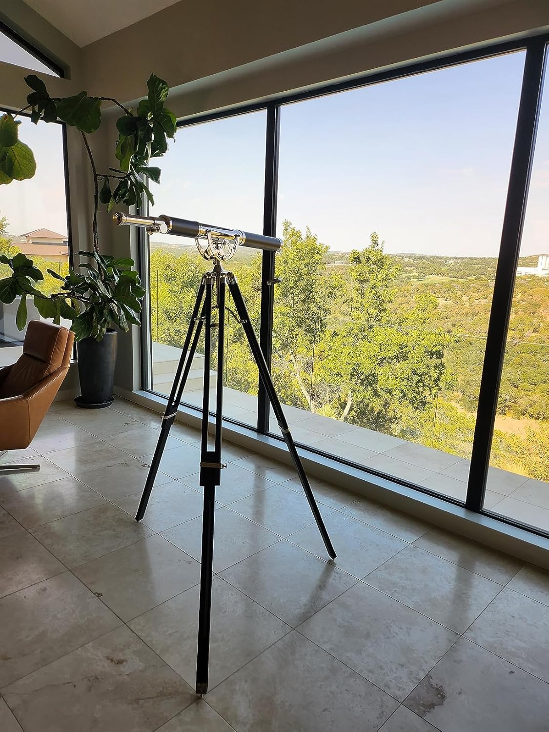 Nautical Vintage Solid Brass Telescope with Black Leather and Chrome Finish
