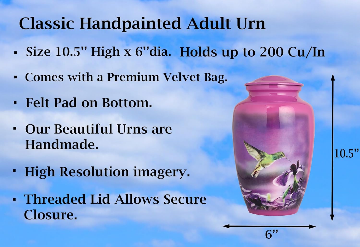 Purple Hummingbird Cremation Urn for Adults - Large Decorative Memorial