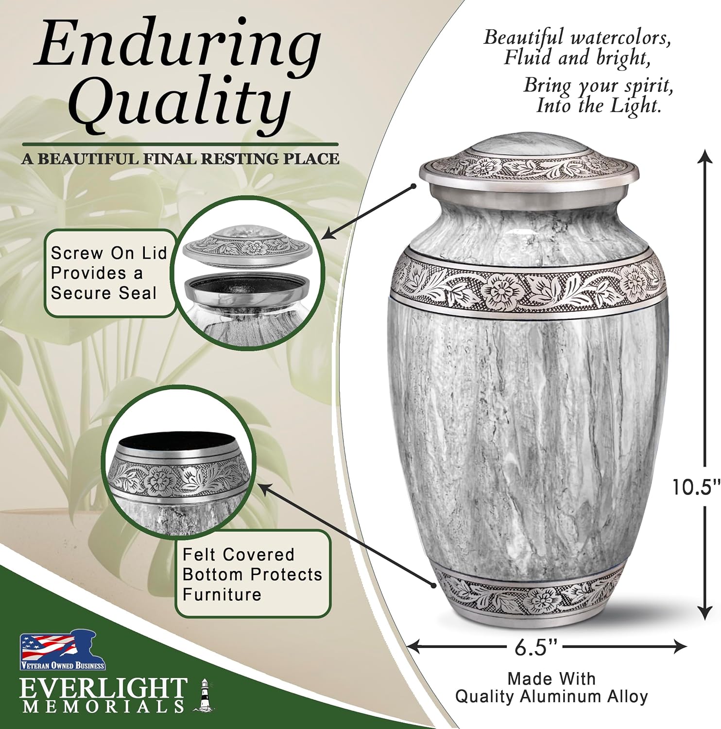 Light Gray Watercolor Urn for Human Ashes - Large Cremation Urn for Men and Women