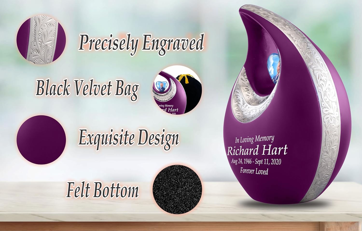 Personalized Purple Teardrop Cremation Urn for Adult Ashes - 156 Lbs Burial Urn with Velvet Bag