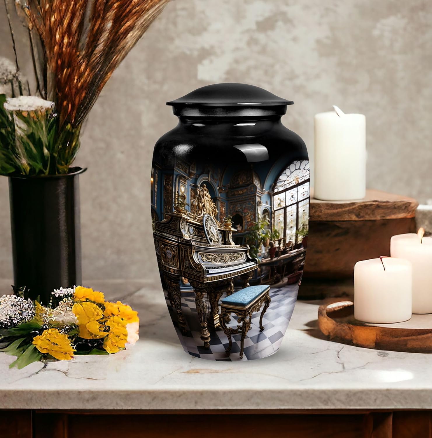 Piano Beautiful Look Cremation Urn 10 Inch Black Decorative Urn for Dad and Mom