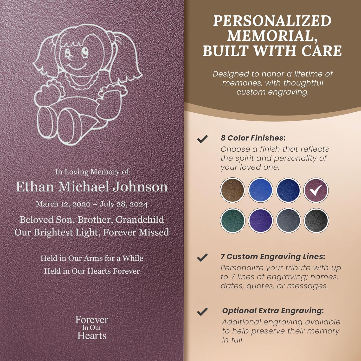 Amaranthine Urn Decorative Cremation Urn for Human Ashes - Customizable Text Color Base