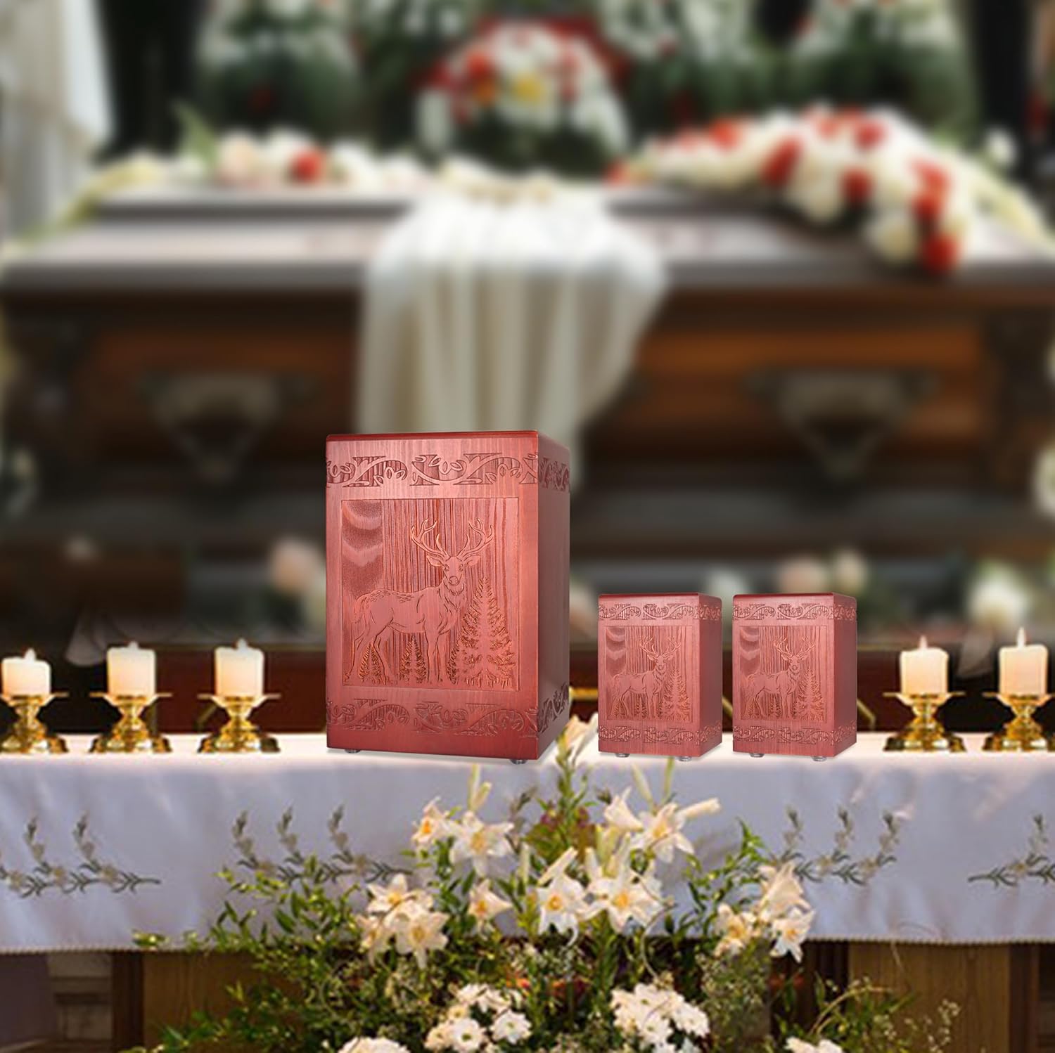Wooden Cremation Urn for Human Handmade Engraved Deer Decorative Box