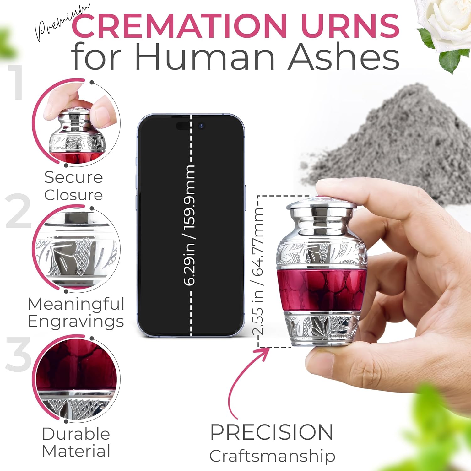 INTAJ Red Brass Keepsake Urn 3 Inch Mini Cremation Urn with Heart Box Sympathy Gift