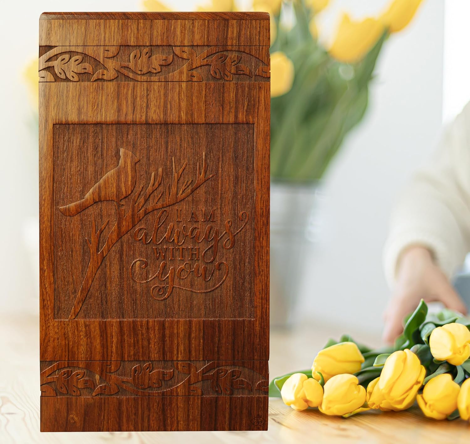 Ziya Cardinal Wooden Urn for Human Ashes Large Adult Cremation Urn with Satin Bag