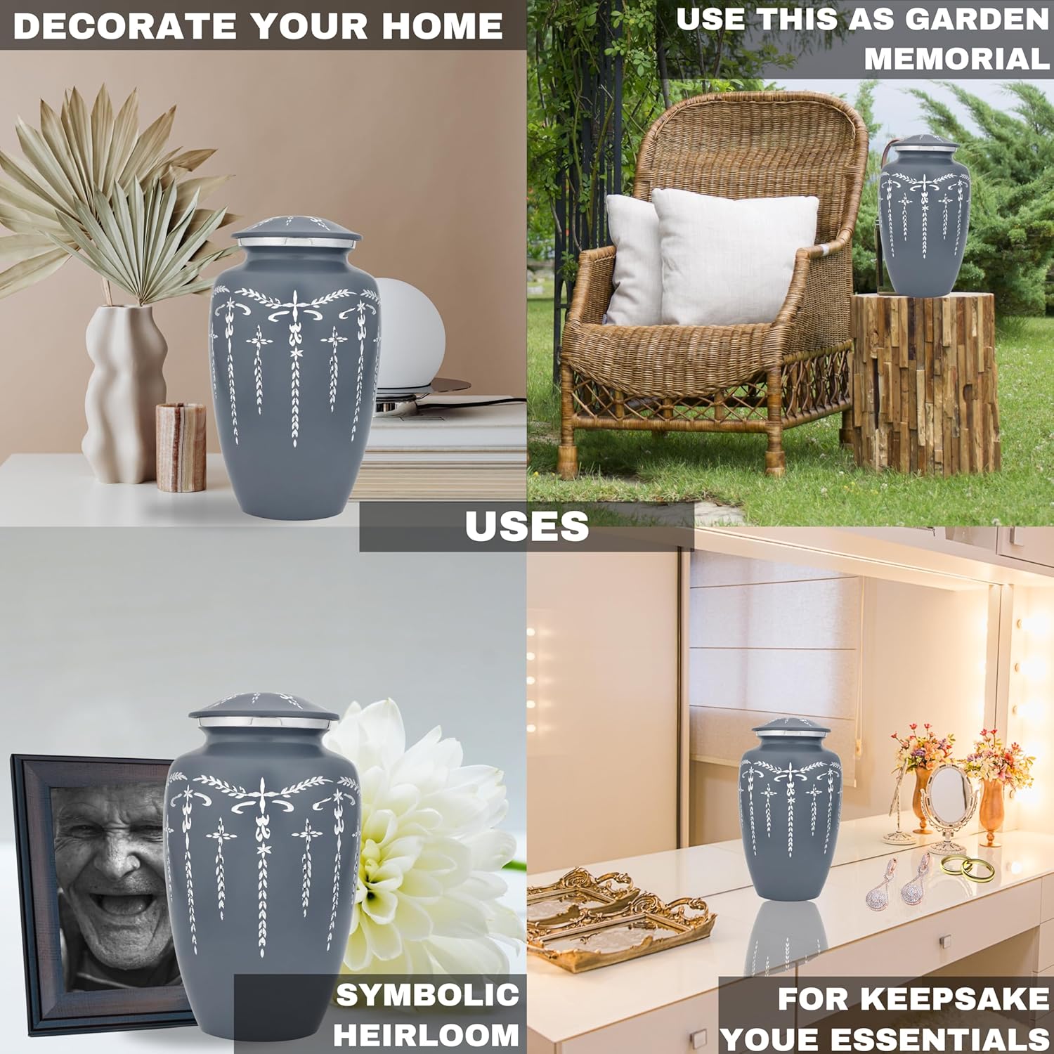 Decorative Cremation Urn for Human Ashes - Hand Engraved Grey Urn
