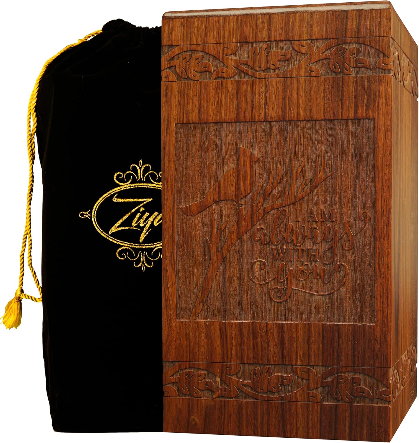 Ziya Cardinal Wooden Urn for Human Ashes Large Adult Cremation Urn with Satin Bag