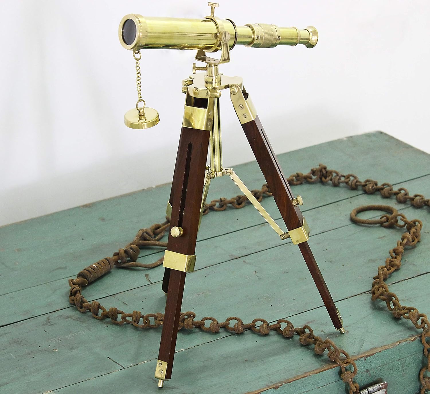 Vintage Brass Telescope with Wooden Tripod Stand for Home Decor and Gifts