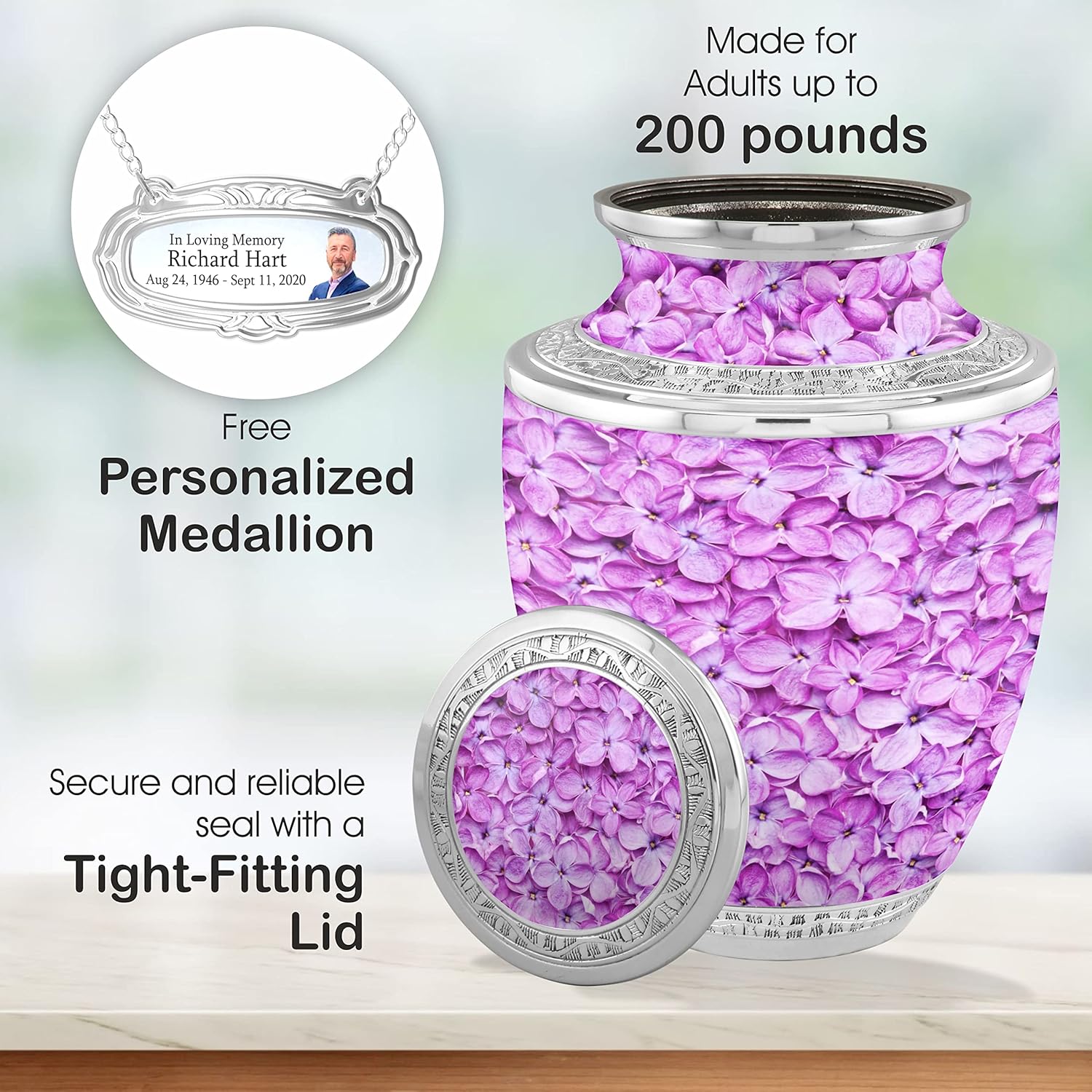 Personalized Medallion Liliac Cremation Urn for Adult Ashes - 200lbs Burial Urn with Velvet Bag