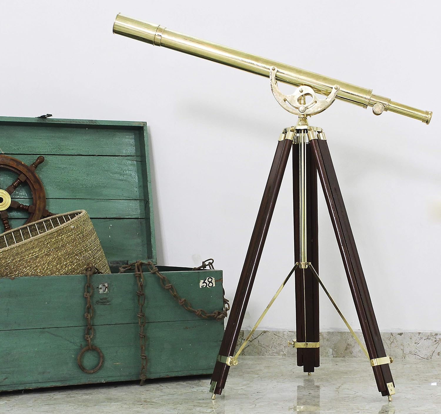 Nautical Vintage Telescope with Heavy Brass Frame and Solid Wood Base