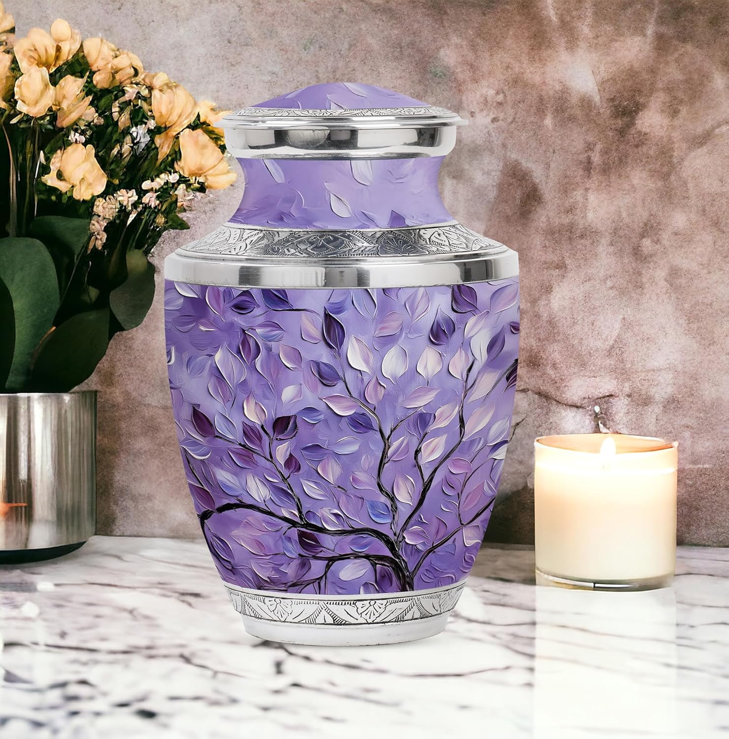 Purple Leaves Cremation Urn for Ashes - 10 Inch Decorative Adult Urn
